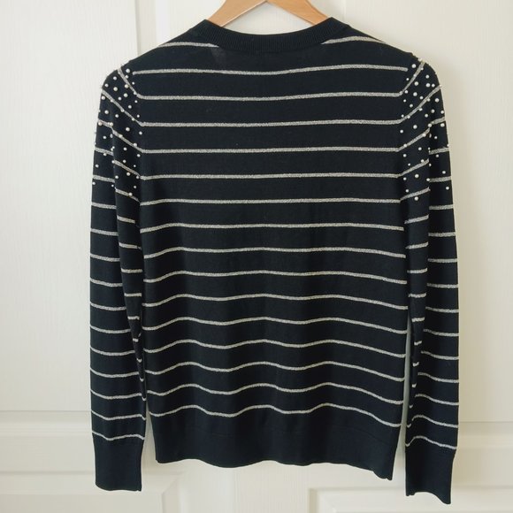 Halogen x Atlantic-Pacific Women's Black-Silver Pearled Stripe Sweater Size S - Picture 2 of 12